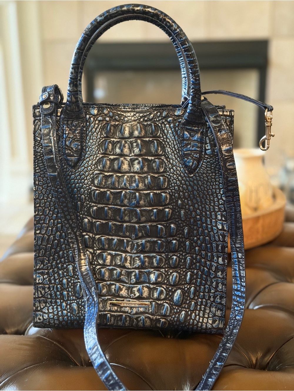 Brahmin Navy Croc-Embossed Mini Tote with Shoulder Strap